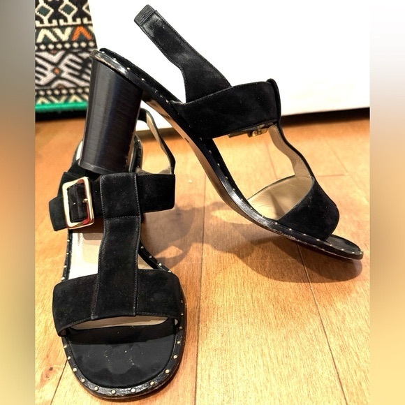 Salvatore Ferragamo Shoes - Salvatore Ferragamo Black T strap Sandals heel Gold studs chunky buckle rare7.5